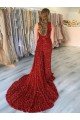 One Shoulder Sleeveless Long Court Train Velvet Sequin Prom Dress with Slit UK