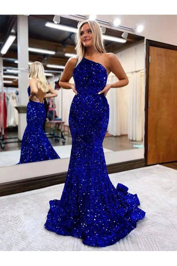 Mermaid One Shoulder Open Back Long Sweep Train Velvet Sequin Prom Dress UK