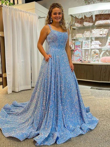 A-Line Scoop Sleeveless Long Court Train Velvet Sequin Prom Dress UK