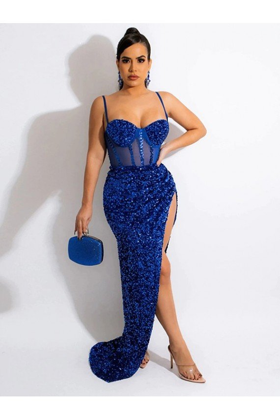 Long Sweep Train Spaghetti Straps Sleeveless Velvet Sequin Prom Dress with Slit UK