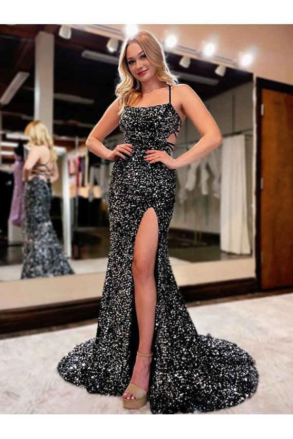 Spaghetti Straps Sleeveless Long Sweep Train Velvet Sequin Prom Dress UK