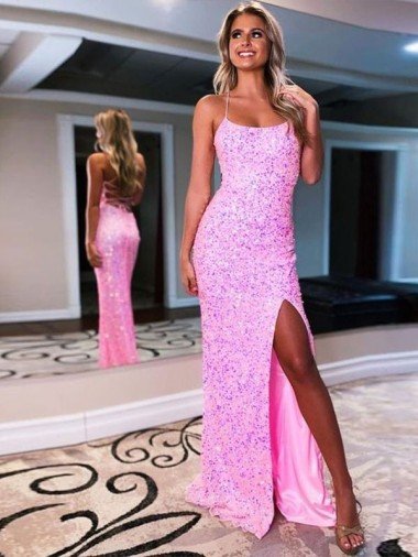 Spaghetti Straps Sleeveless Long Sweep Train Velvet Sequin Prom Dress with Slit UK