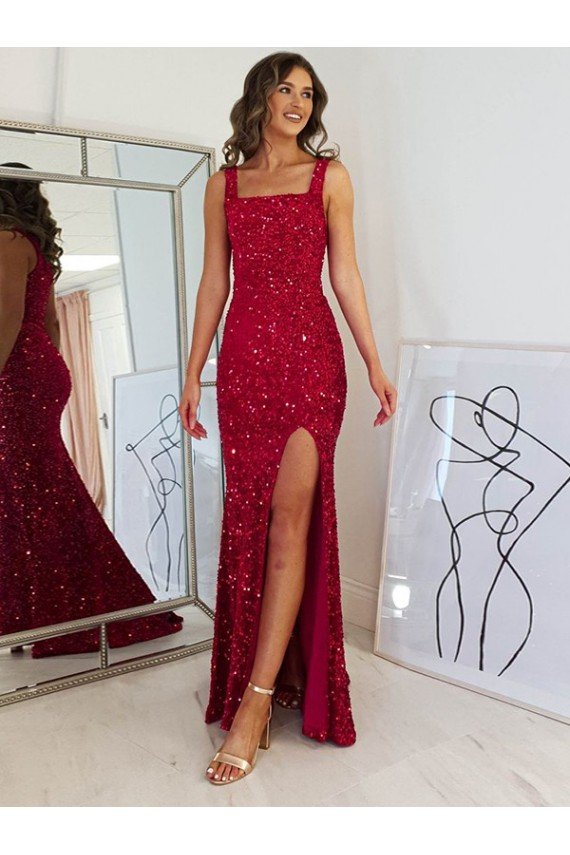 Square Neck Sleeveless Long Velvet Sequin Prom Dress with Slit UK