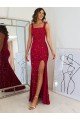 Square Neck Sleeveless Long Velvet Sequin Prom Dress with Slit UK