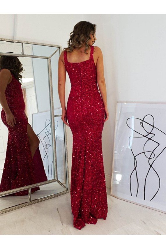 Square Neck Sleeveless Long Velvet Sequin Prom Dress with Slit UK