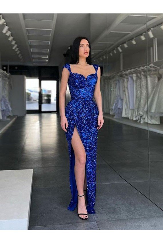 Sleeveless Long Sweep Train Velvet Sequin Prom Dress with High Slit and Straps UK
