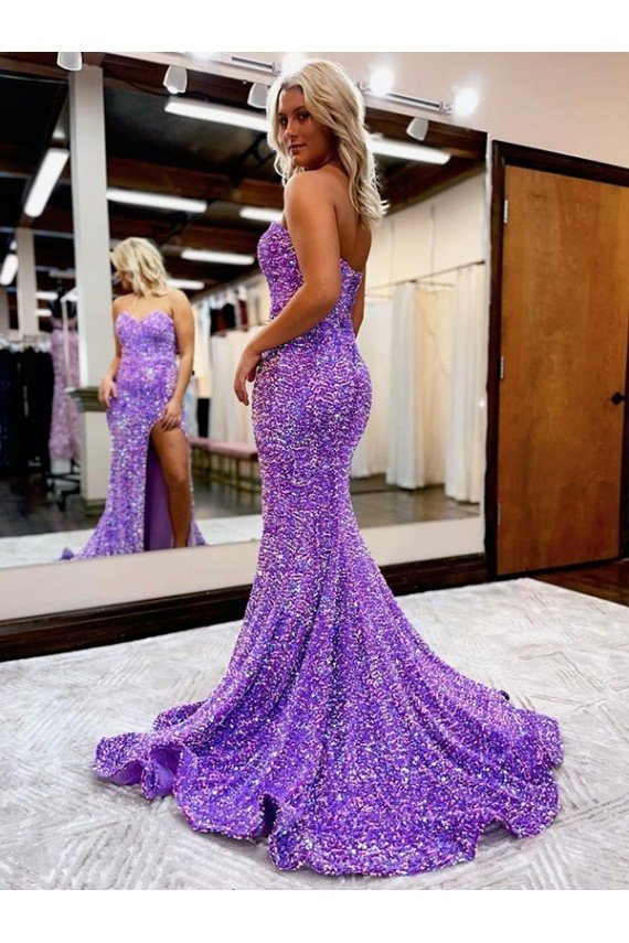 A-Line Sweetheart Sleeveless Long Velvet Sequin Prom Dress with Slit UK