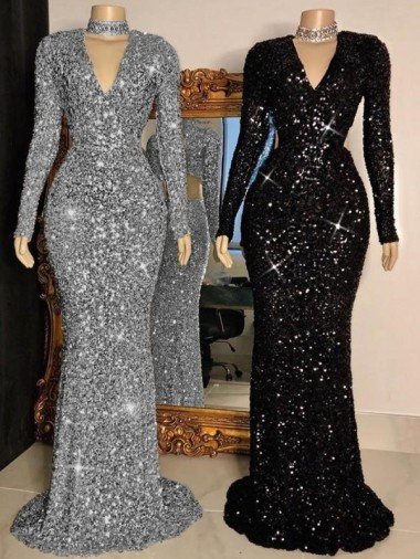 V-Neck Long Sleeves Long Sweep Train Velvet Sequin Prom Dress UK