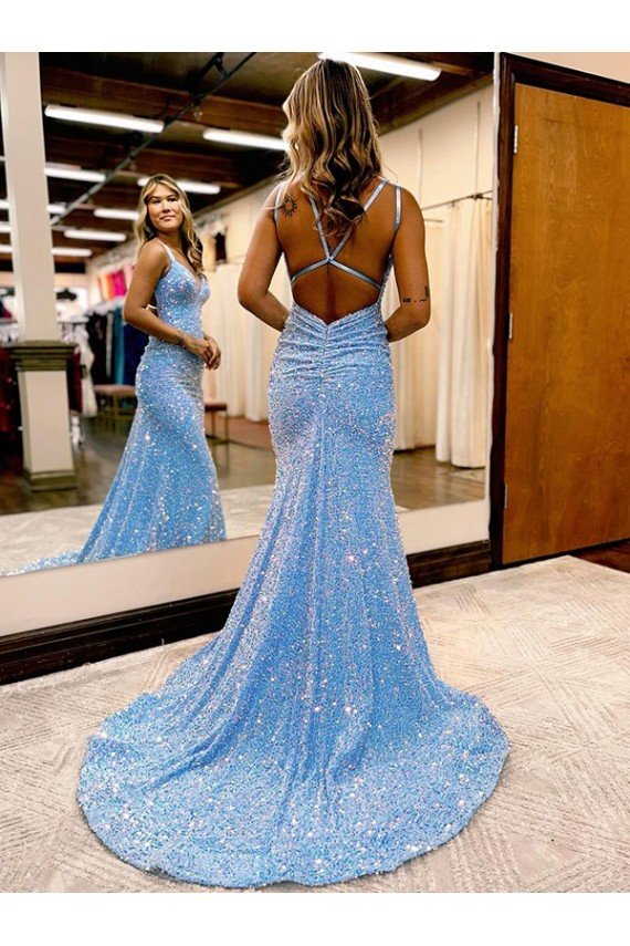 Criss Cross Open Back V-Neck Sleeveless Long Velvet Sequin Prom Dress UK