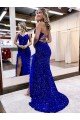 V-Neck Sleeveless Long Velvet Sequin Royal Blue Prom Dress with Side Slit UK