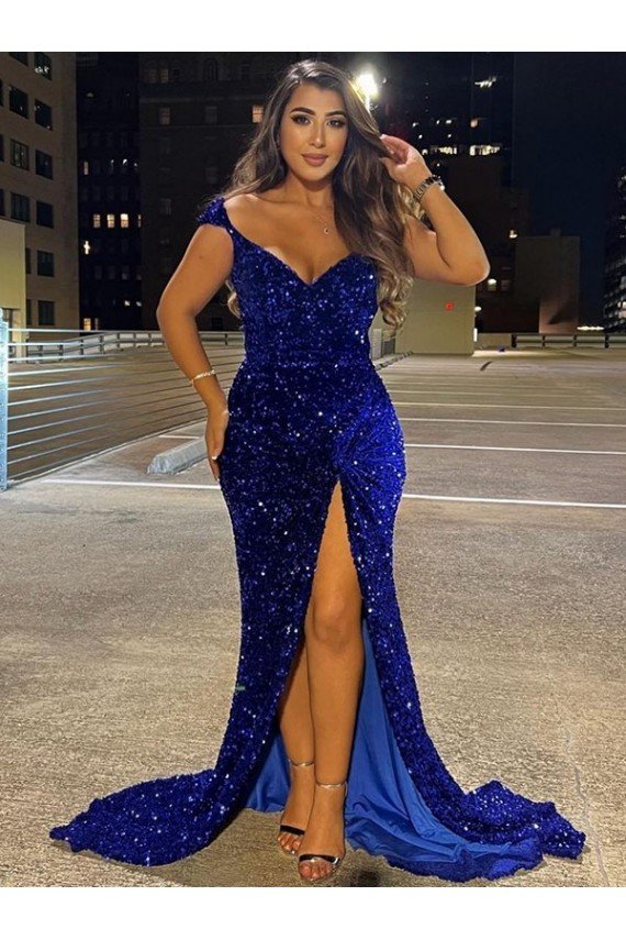 V-Neck Sleeveless Long Sweep Train Velvet Sequin Prom Dress with Slit UK