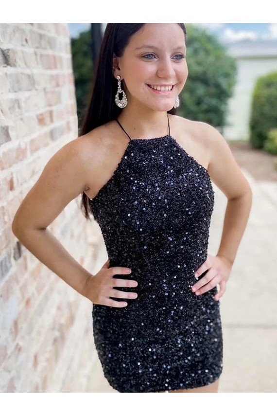 Halter Sleeveless Short Velvet Sequin Prom Dress UK