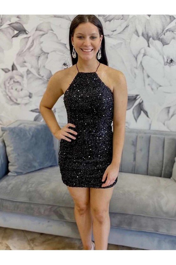 Halter Sleeveless Short Velvet Sequin Prom Dress UK