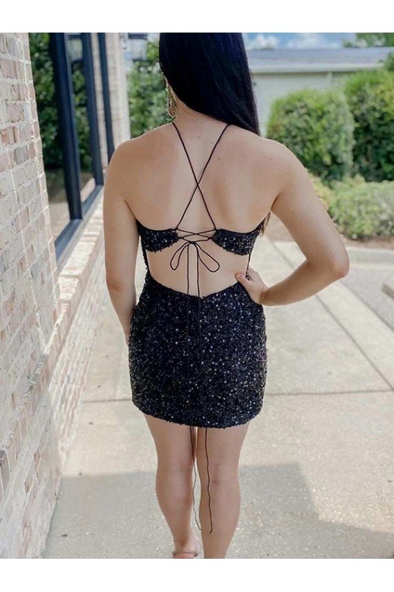 Halter Sleeveless Short Velvet Sequin Prom Dress UK