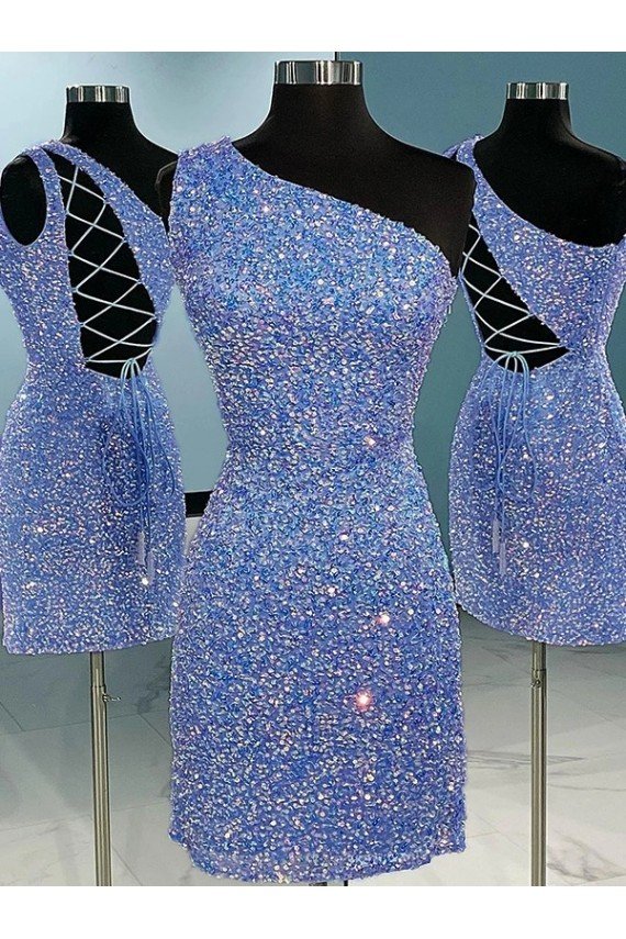 Short Velvet Sequin One Shoulder Sleeveless Prom Dress UK