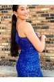 One Shoulder Sleeveless Short Velvet Sequin Royal Blue Prom Dress UK