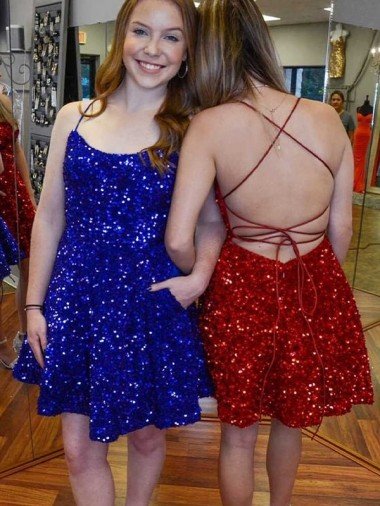A-Line Spaghetti Straps Sleeveless Short Velvet Sequin Prom Dress UK