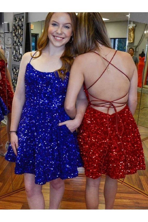 A-Line Spaghetti Straps Sleeveless Short Velvet Sequin Prom Dress UK