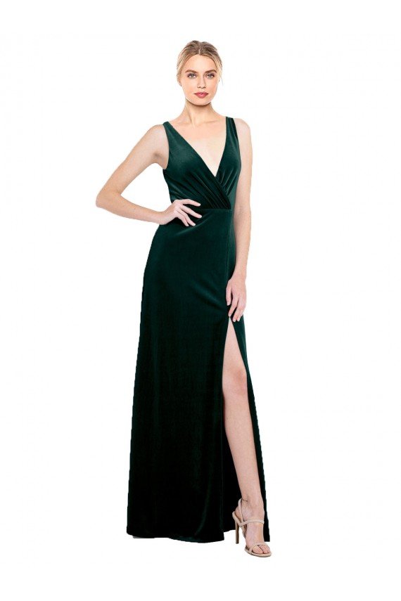 Sleek V-Neck Long Velvet Prom Dress with Side Slit UK