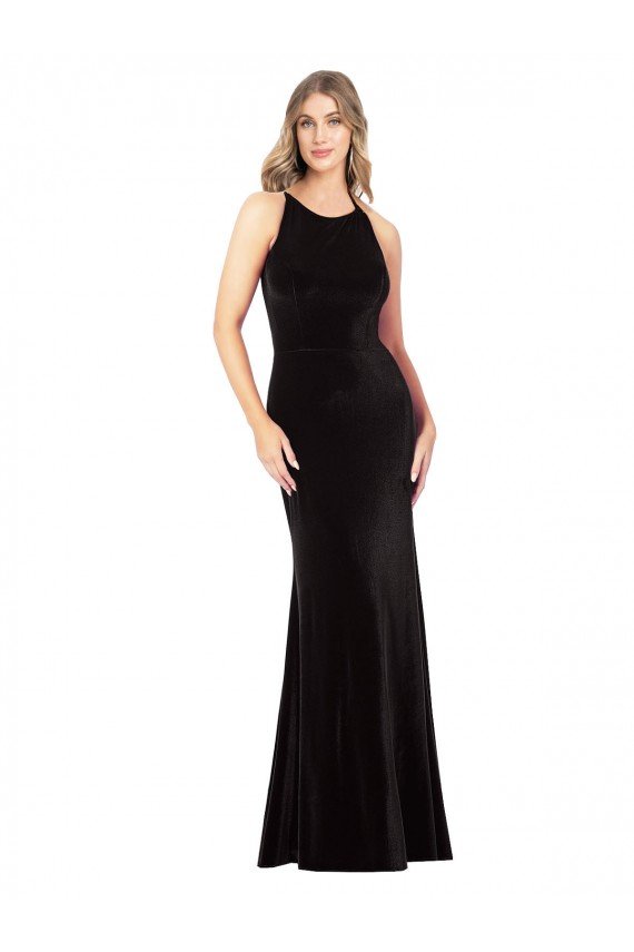Vintage Velvet High Neck Prom Dress with Strappy Back UK