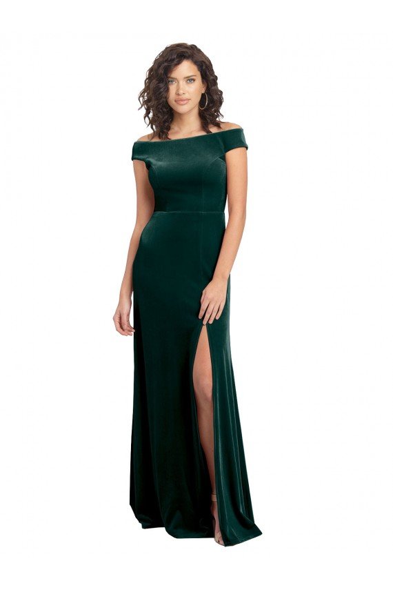Floor Length Cap Sleeves Long Velvet Prom Dress with High Side Slit UK
