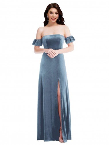 Ruffle Sleeve Off the Shoulder Velvet Maxi Prom Dress UK