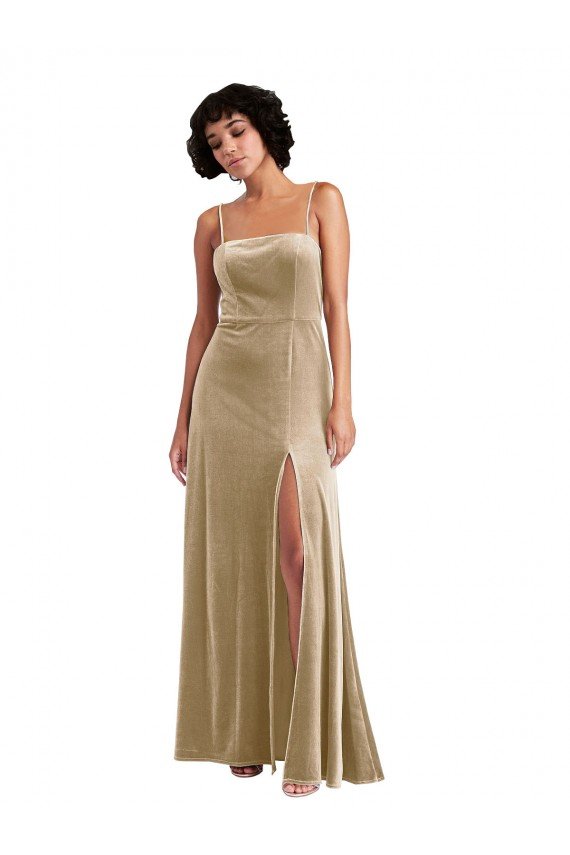 Square Neck Velvet Maxi Prom Dress with Front Slit & Pockets UK