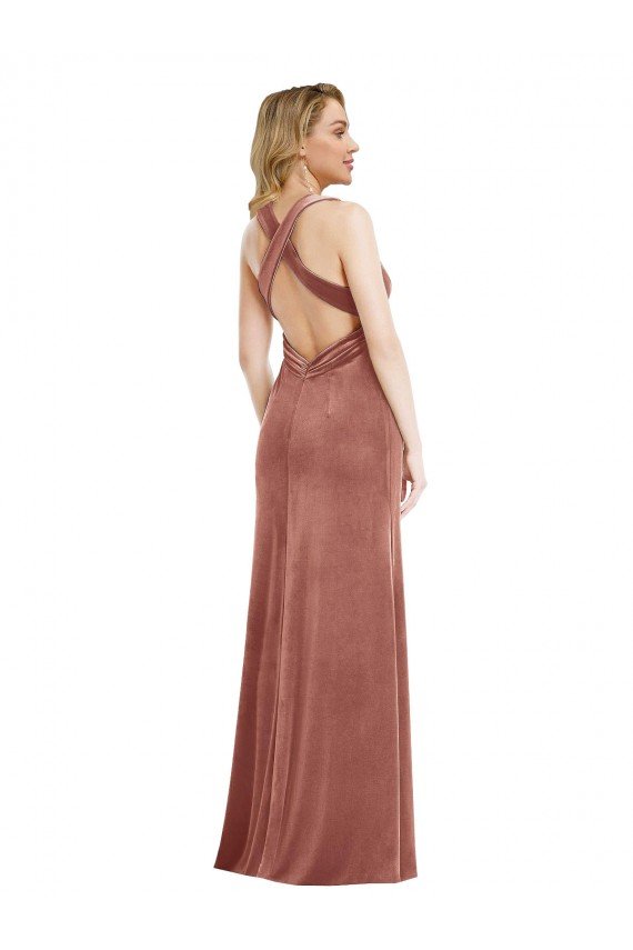 Plunging Neckline Velvet Maxi Prom Dress with Criss Cross Open Back UK