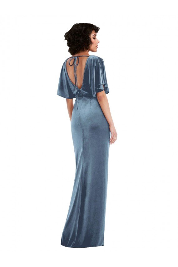 Flutter Sleeve Open Back Velvet Maxi Prom Dress with Pockets & Draped Wrap Skirt UK