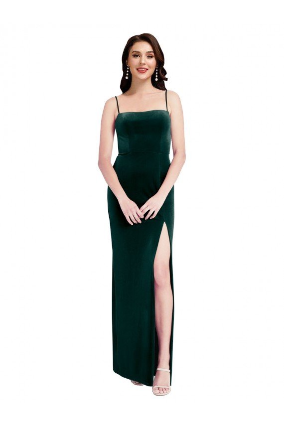 Straight Neckline Spaghetti Straps Long Velvet Prom Dress with High Side Slit UK