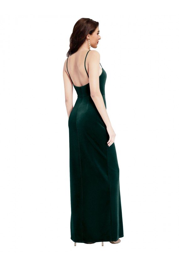Straight Neckline Spaghetti Straps Long Velvet Prom Dress with High Side Slit UK