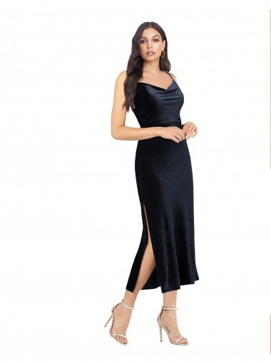 Midi Length Velvet Cocktail Prom Dress / Homecoming Dress with Cowl Neck and Spaghetti Straps UK