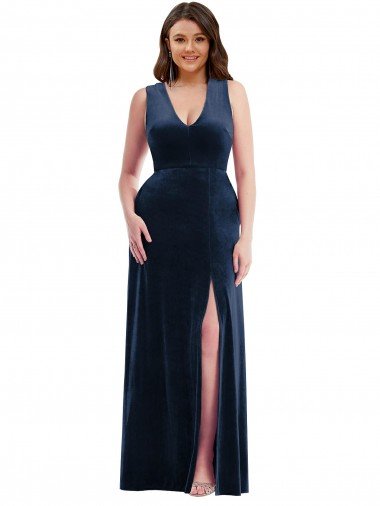 Deep V-Neck Sleeveless Velvet Maxi Prom Dress with Pockets UK