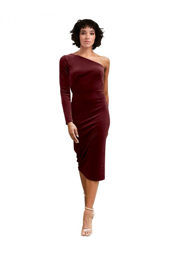 One Shoulder Fitted Short Midi Length Velvet Prom Dress UK