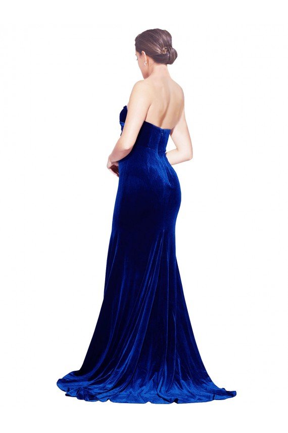 Strapless Ruched Velvet Prom Dress with Sweep Train and Front Slit UK