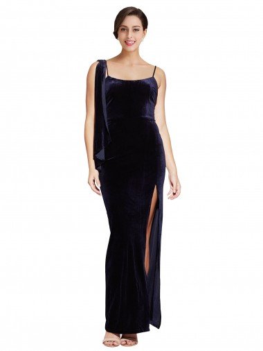 Long Velvet Prom Dress with Side Thigh Split and Shoulder Tie UK