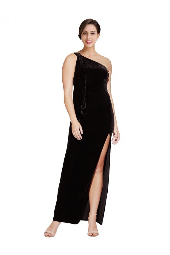 One Shoulder Long Velvet Prom Dress with Side Split and Shoulder Tie UK
